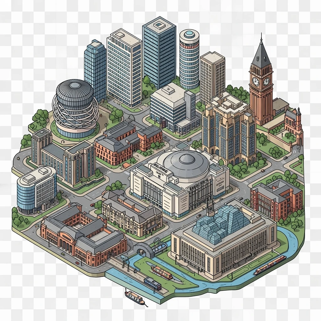 Isometric illustration of the Birmingham with iconic cities landmark, miniature slightly hand-drawn style, transparent background. emoji