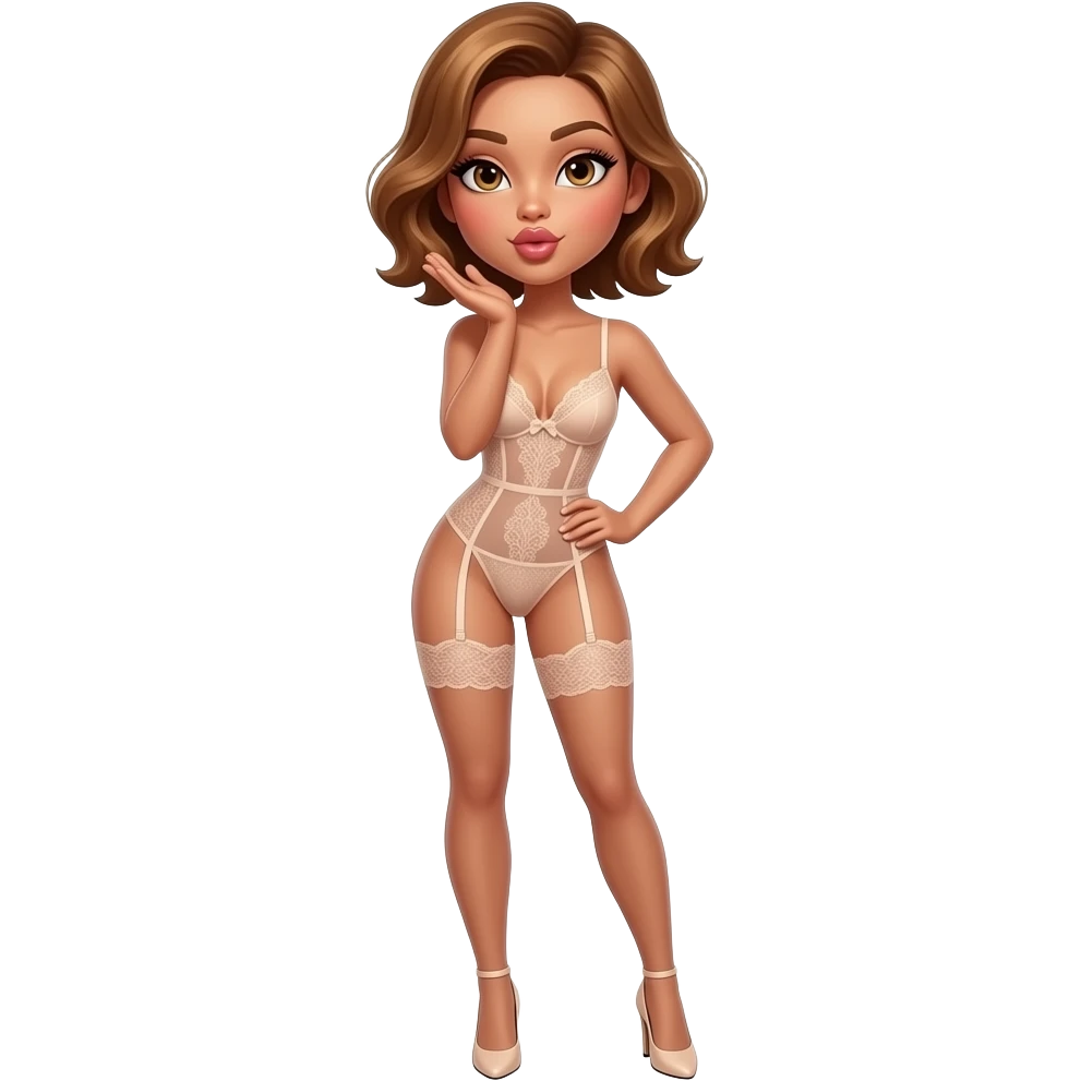 glamours,-tanned,-very-beautiful-woman-with-big-plump-rose-beige-lips,-long-lashes,-honey-silky-very short- hair,-wavy-hair,-hazel-eyes-wearing-nude-lace-lingerie-nude-stilettos-Looks-sexy-winking-blowing-kiss-from-hand-full-body emoji