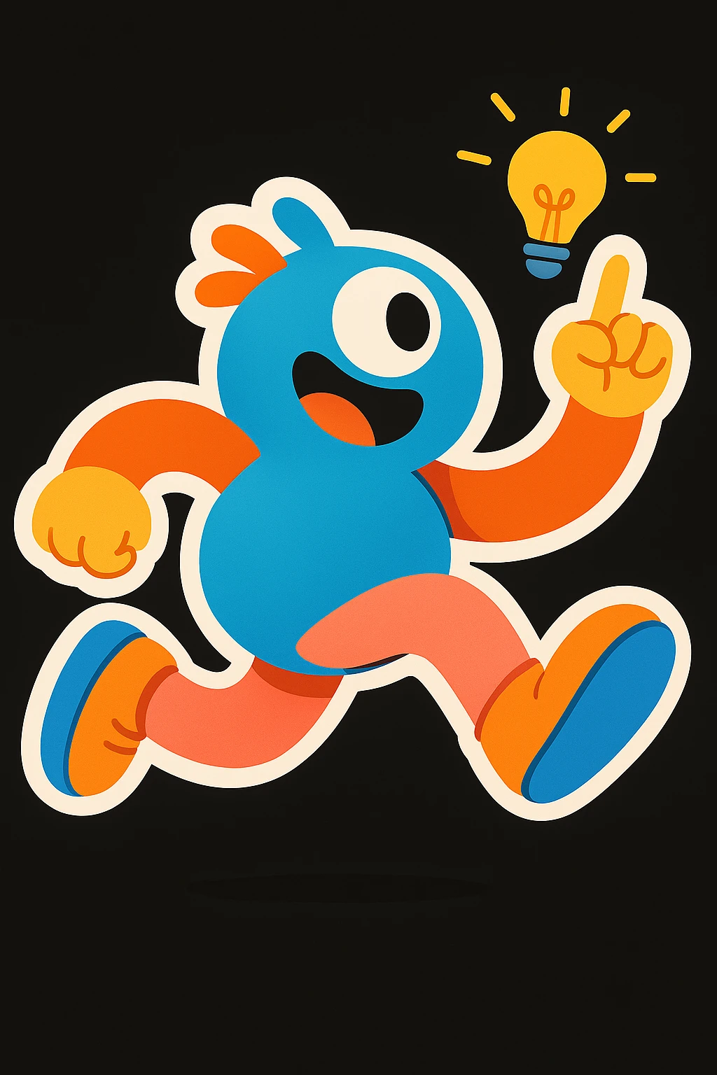 Remove all text and written matter, keep only the mascot character and visual elements. Preserve the playful, energetic, and imaginative style suitable for a black website background. emoji