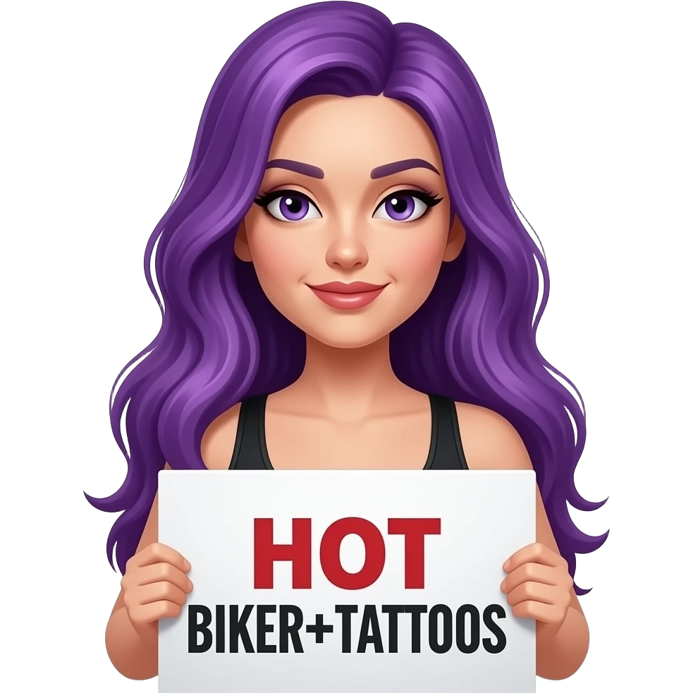 sexy girl with long purple hair holding a HOT BIKER+TATTOOS sign emoji