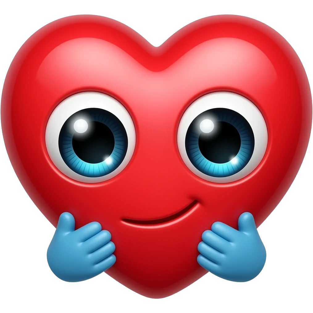 It is a cute red heart with big shiny eThe heart looks very excited and loving. At the bottom, there are two small blue hands hugging the heart, like it is giving a big hug. The eyes have sparkles, which makes it look adorable and emotional, like saying “aww” or “I love this!”.Looking to the left emoji