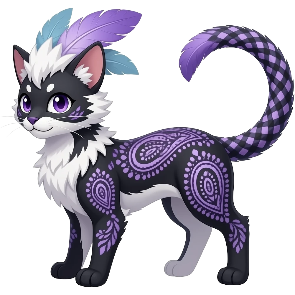 Paisley-patterned gingham-patterned feather-maned elegant realistic Furry, feathery fluffy tropical flecked painted feathery scaly, Purple, white, black, Minccino-Bambino-Lykoi-Linoone-Zangoose-fusion-hybrid-animal-Fakémon-creature, full body, thin long sleek scaly tail, intricate markings emoji