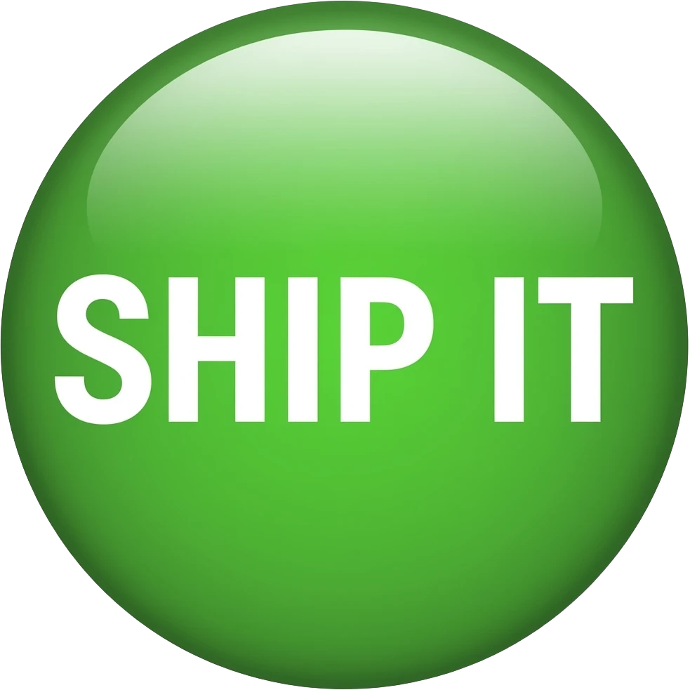 Create a compact custom emoji that says ‘SHIP IT’ in bold white letters on a green rounded badge. Minimal shading, no extra objects, high contrast, readable at tiny size. emoji