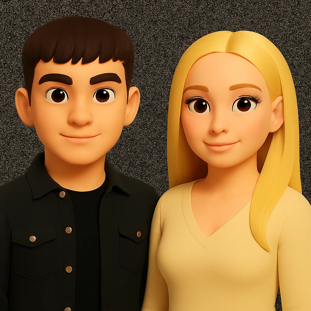 Make the people in the image stand slightly farther apart from each other while preserving the original style and background. emoji