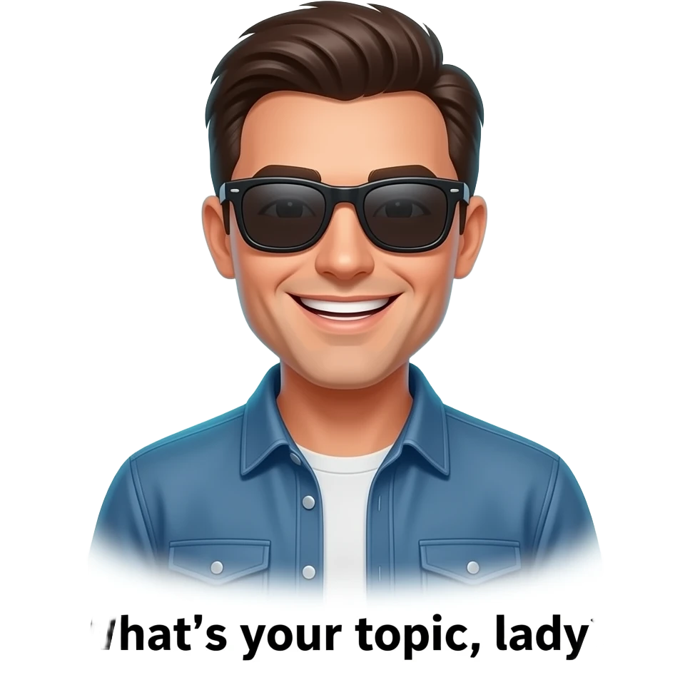 A informal man with sunglasses, glowing digital, symbols on the around, a floating Facebook logo, on the left shoulder, looking at viewer with smile. Text on below: 'What's your topic, lady?' shimmering a red x and a green check icons, full background emoji