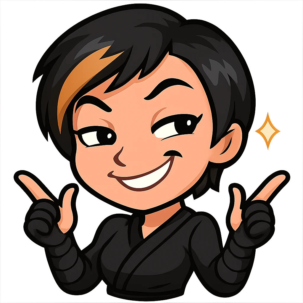 Sexy chibi ninja girl with black short hair and a blonde streak, only head and arms, colorful chibi style with bold outlines, transparent background, no mask, extra smug grin with both eyebrows raised and a little sparkle by her face, sized for Twitch emoji use. emoji
