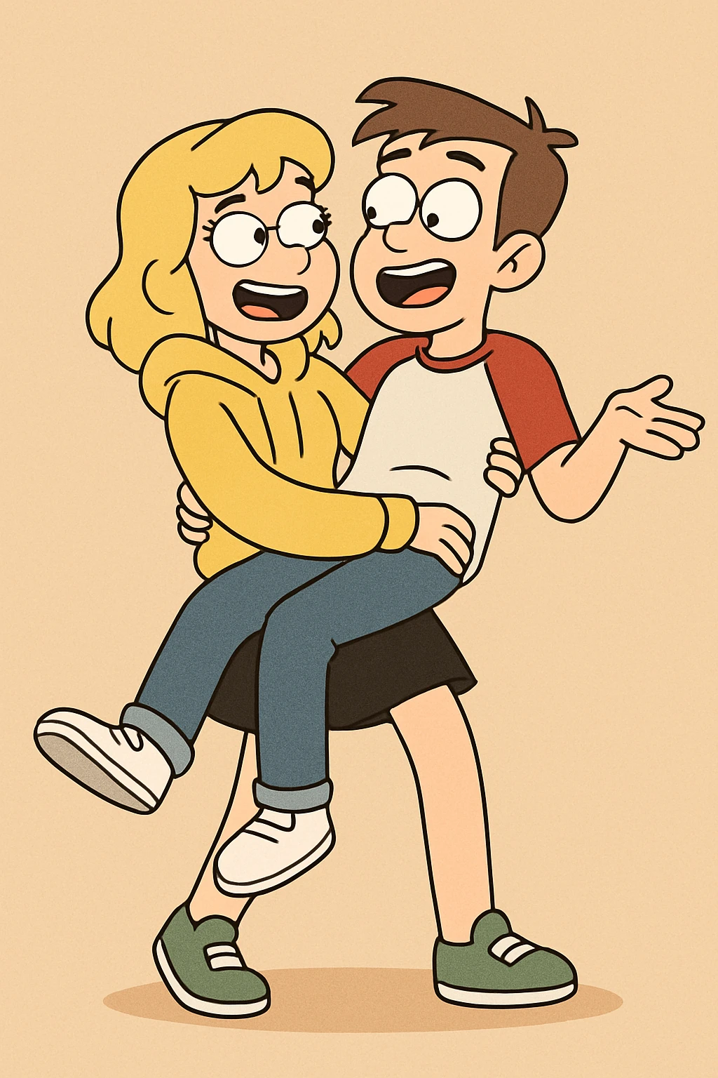 A man Raglan sleeves with Red t-shirts blue jeans white shoes carried by a cute a girl yellow hoodie black skirt green shoe  emoji