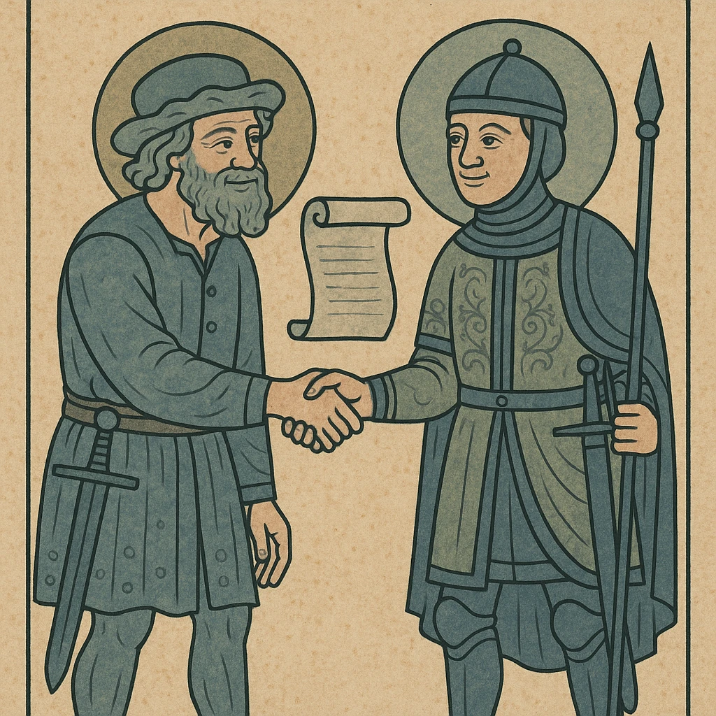 Old Landsknecht shaking hands with a Byzantine guard, both happy, scroll in the background, ceremony emoji