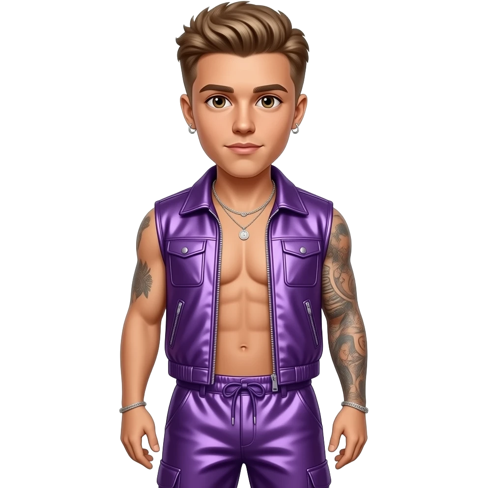 Justin Bieber with brown eyes, light brown hair, purple metallic vest, purple metallic baggy loose pants, shirtless with necklace and earrings emoji