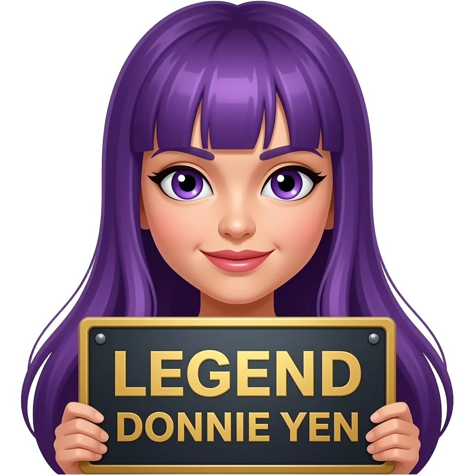 sexy girl with long purple hair and purple eyes holding a LEGEND DONNIE YEN sign emoji