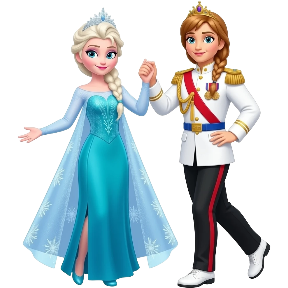 Elsa arendelle and Anna arendelle from disney frozen movie are same wearing gold tiara white military tunic arm badge shoulder cord medal red sash blue belt black trouser with both side red stripe white shoes and they both dancing of kadhal kondein that means I fell in love emoji