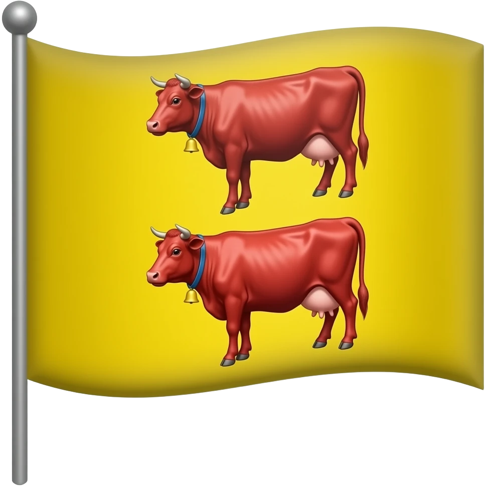 Drapeau jaune avec deux vaches toute rouge l'une au dessus de lautre portant un collier bleu avec une cloche de ferme emoji