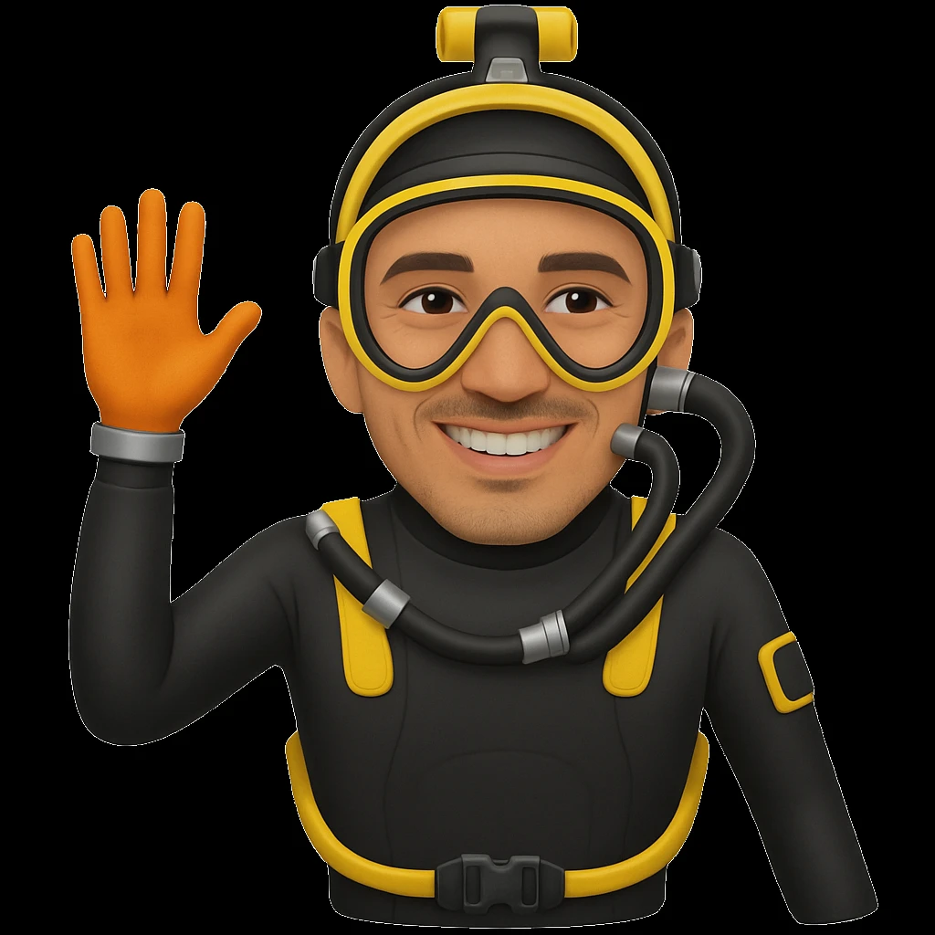 Replace the diver's face with the face of the person in the provided photo, keeping the emoji style look, preserving the diving suit, mask, and snorkel, and removing the background. The style should resemble emoji style as closely as possible. emoji