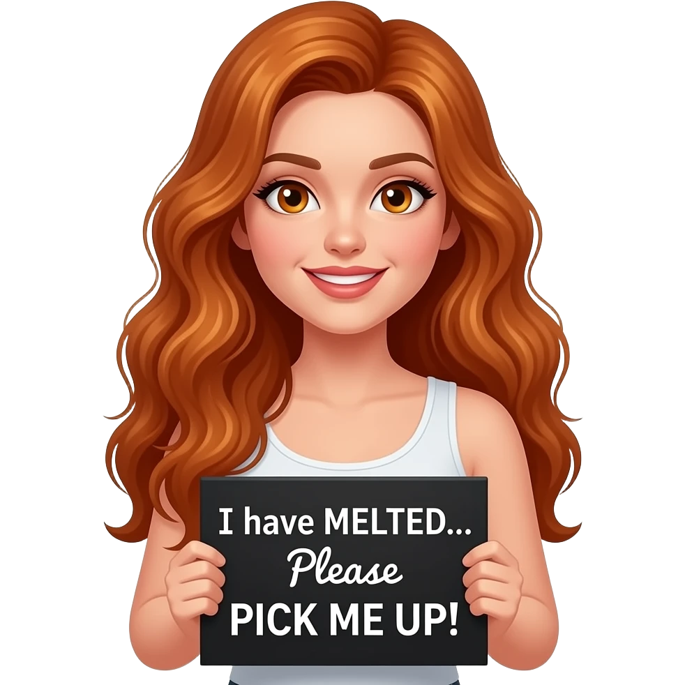 sexy girl with long wavy ginger hair and ginger eyes wearing a white tanktop is holding a black colored sign with I have MELTED... Please PICK ME UP! written on it emoji