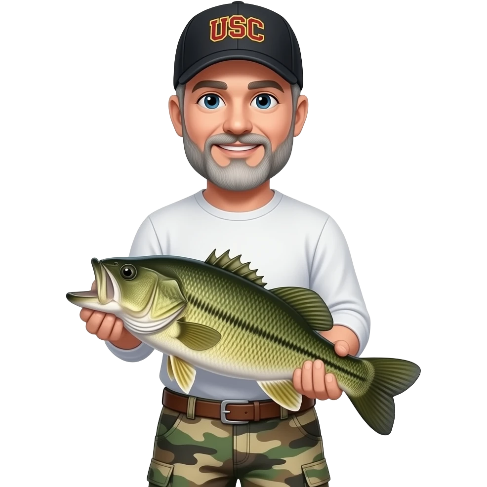 an adult man with a gray beard with a white long sleeve T-shirt, and camouflage carpenter shorts and USC gamecock baseball hat holding a bass fish emoji