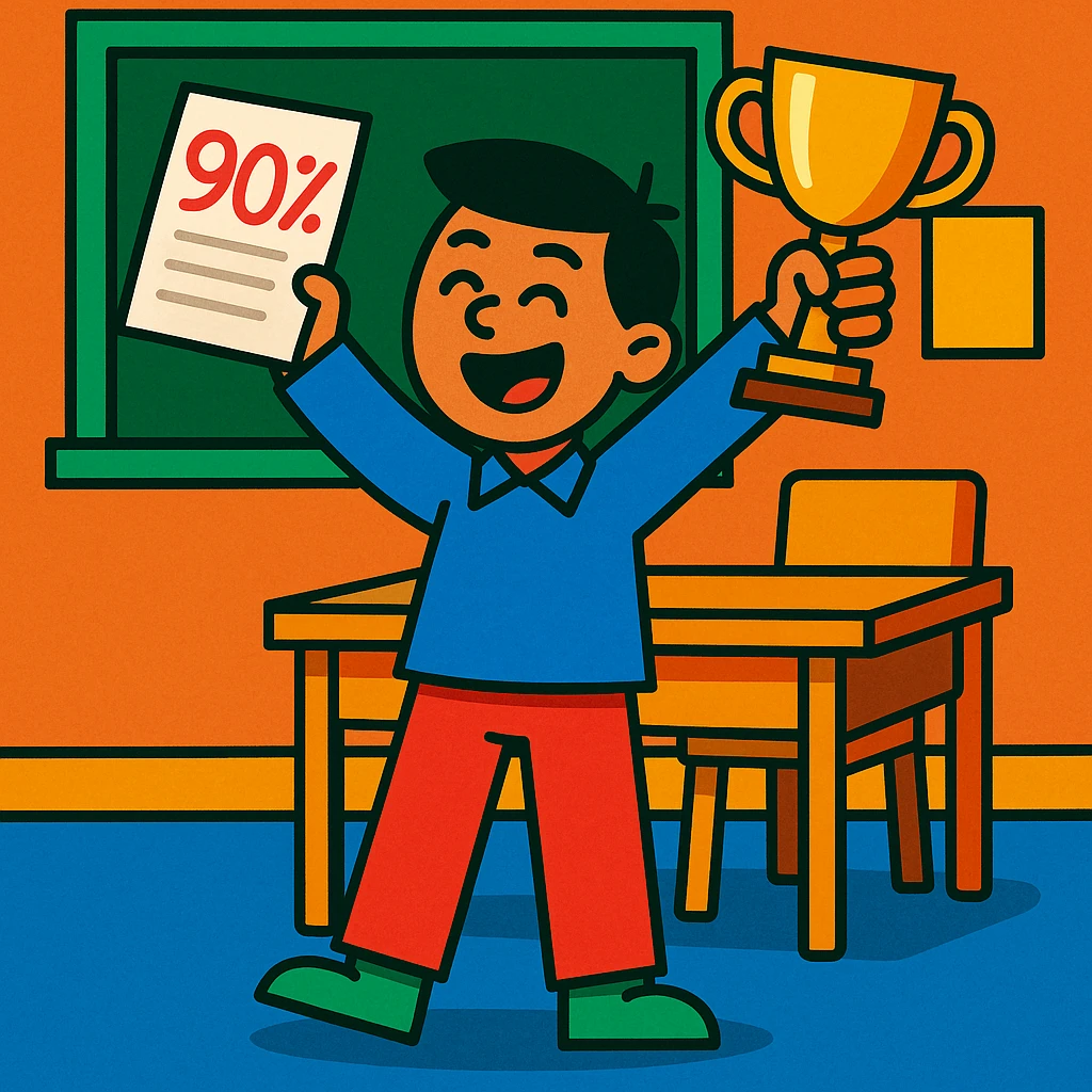 a student holding a trophy, celebrating for scoring 90% in an exam, cheerful expression, classroom background, vibrant colors emoji