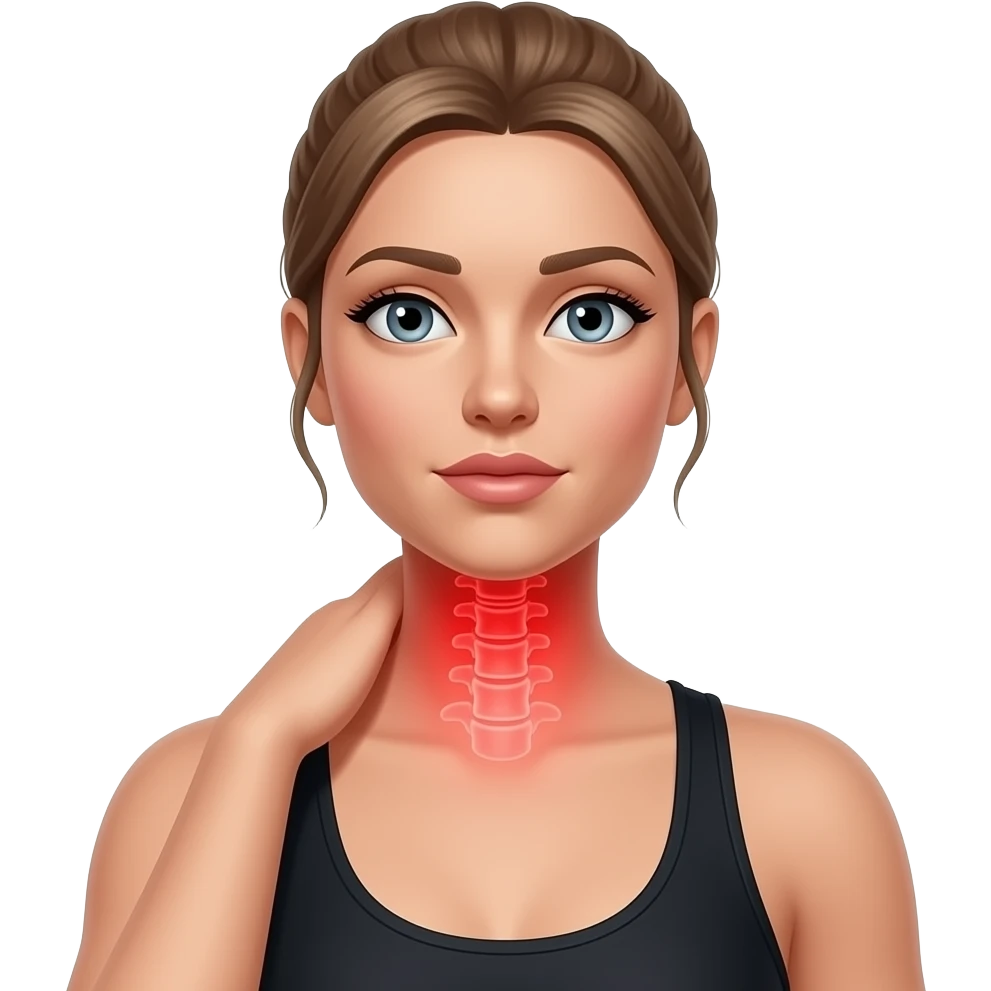 neck pain, anatomical highlight of the cervical spine and neck muscles, full red glow over the entire neck area, woman touching her neck, fair-skinned woman, gray-blue eyes, ash brown brows, ash light brown hair tied back, slim athletic body, black workout set emoji