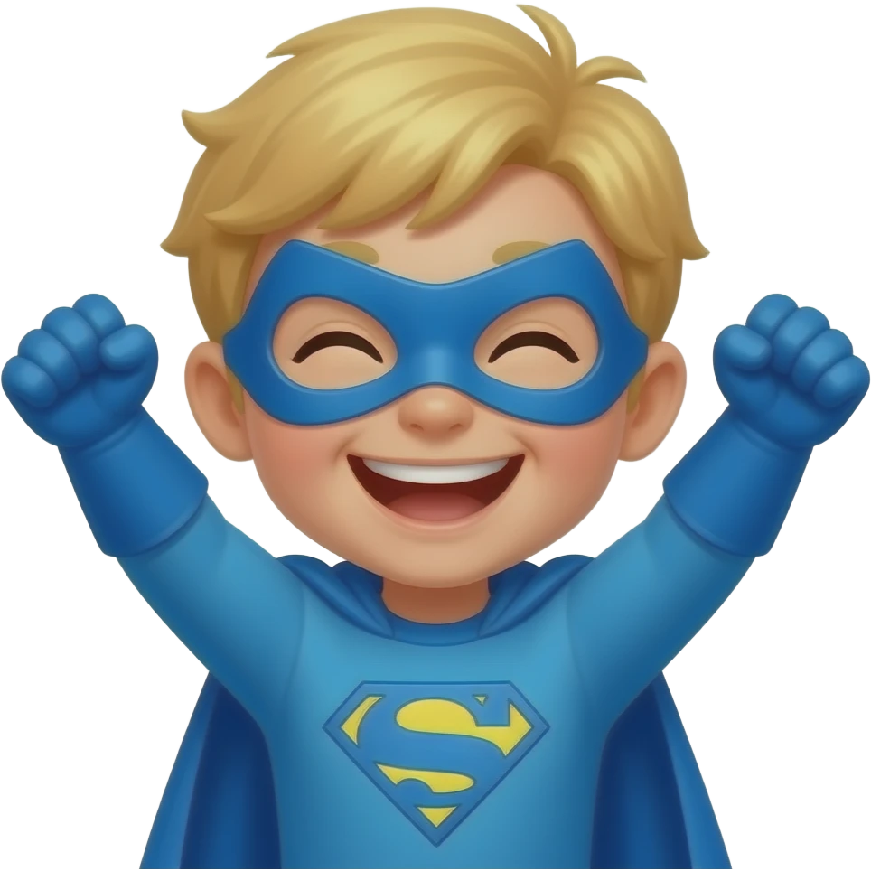 quiero que me hagas a un superheroe con el pelo rubio mascara azul i con un traje azul que sea una niño con los brazos levantados riendose emoji