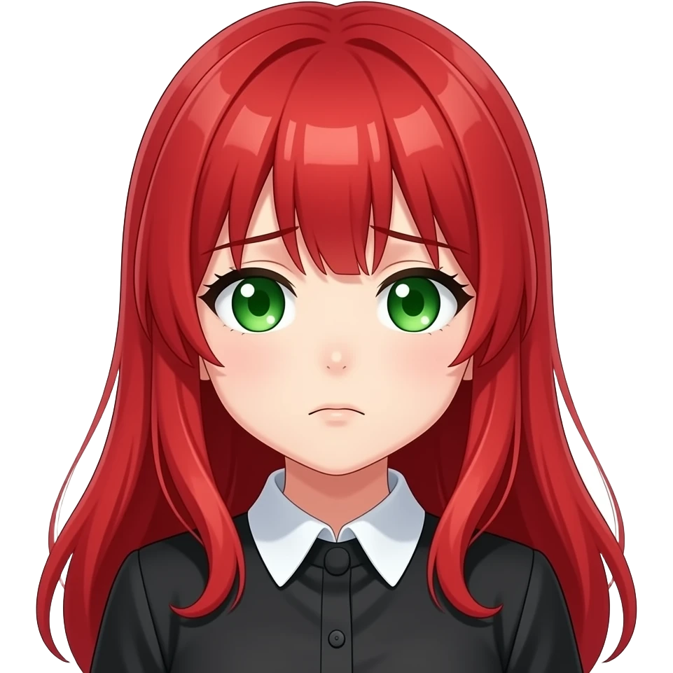 anime girl, tired, red hair, green eyes, black blouse with white collar emoji
