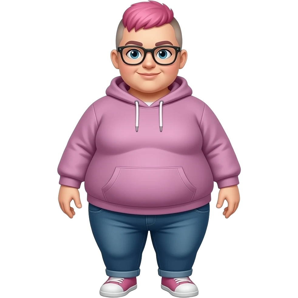Full body from head to toe obese woman with pink hair buzzed on the sides. She is wearing glasses. She is wearing a hoody emoji