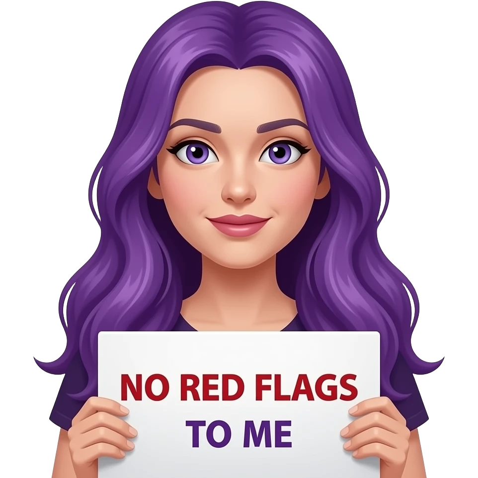 sexy girl with long purple hair and purple eyes holding a NO RED FLAGS to me sign emoji