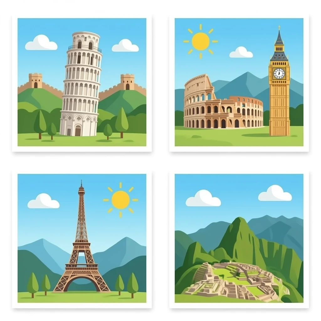 7 wonders of the world: have: Great Wall of china, leaning tower of Pisa, Big Ben, Sad, colosseum, and Eiffel Tower, and Machu Picchu emoji