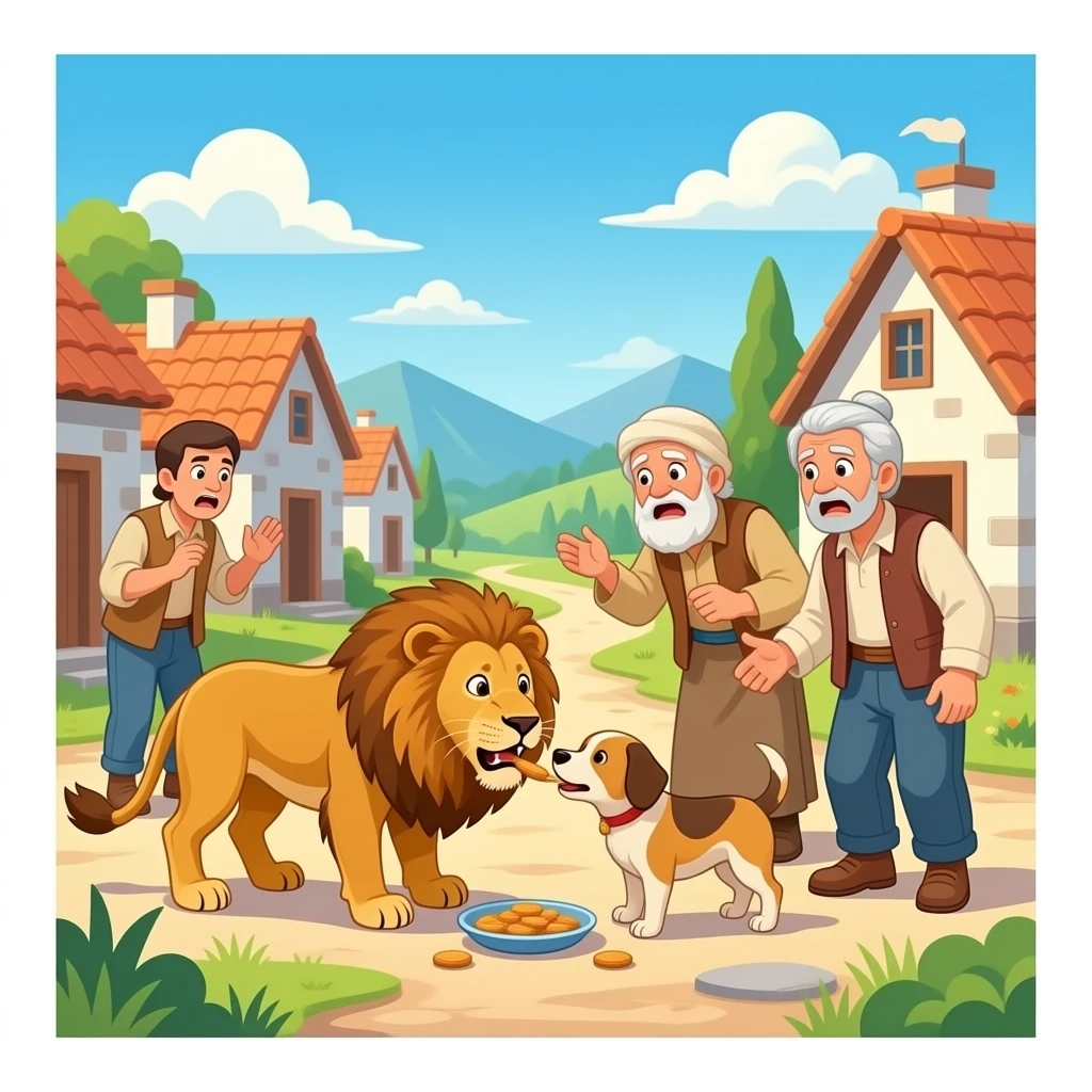 UNS humans donarlis de manja a un lleo i un gos en un poble i que llagin mes persones que tingin po els avitams del poble mancamte aquesta foto pero li pots afagir que els avitans del poble tingin por el lleo i el goss emoji