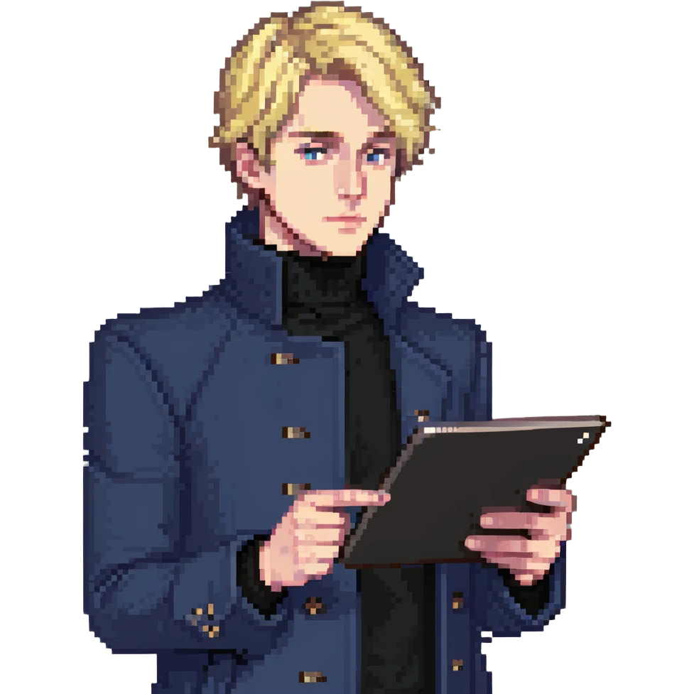 Flat pixel art, bold and charismatic male leader, Caucasian, short neat blonde hair, sharp eyes, indigo coat over black turtleneck, one arm raised pointing out, holding tablet, waist-up, front-facing emoji