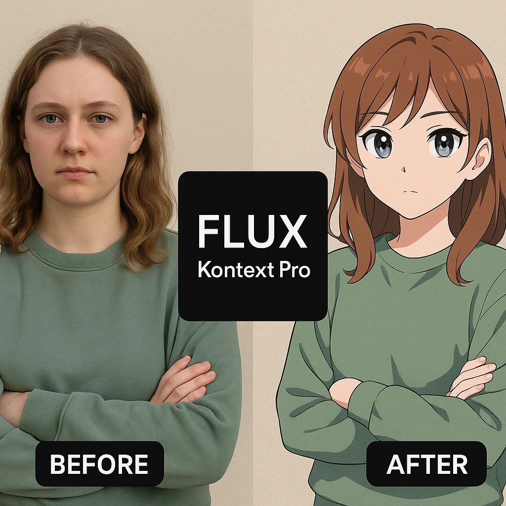 create before after image of a girl before is realsitic photo, after is anime version of her in same pose and clothes, add logo with text of a "FLUX Kontext Pro" in middle in big, black background emoji
