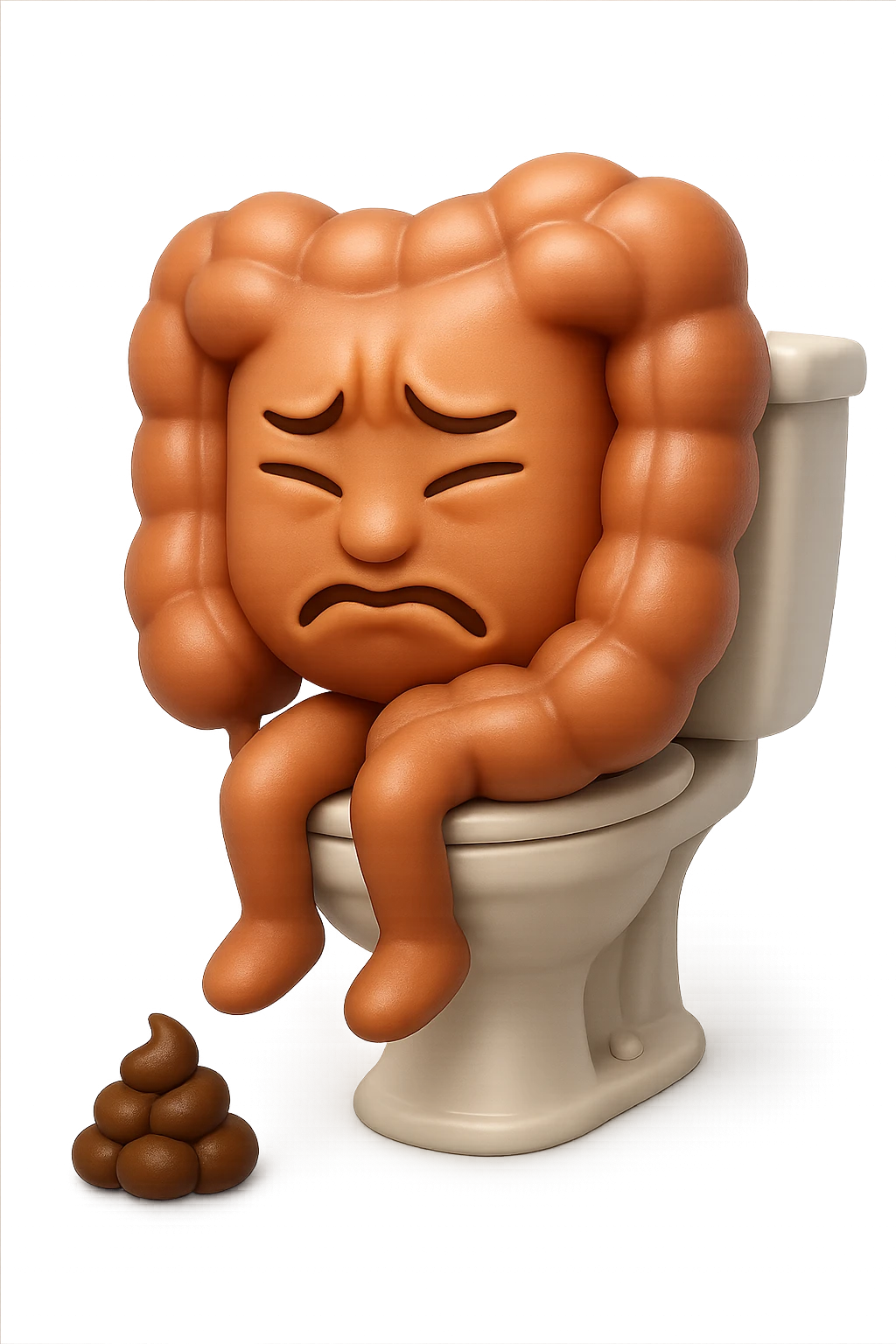 SU QUESTO STILE FAI UN EMOJI STILE IPHONE 3D DI UN INTESTINO CHE sta seduto sul wc e davanti ha una montagnetta di feci a palline stile emoji iphone, FAGLI UN ESPRESSIONE di dolore mentre si sforza E FALLO MOLTO REALISTICO IN 3D emoji