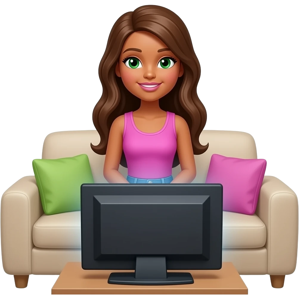 Brown skin brown hair green eyes Barbie on couch watching tv emoji