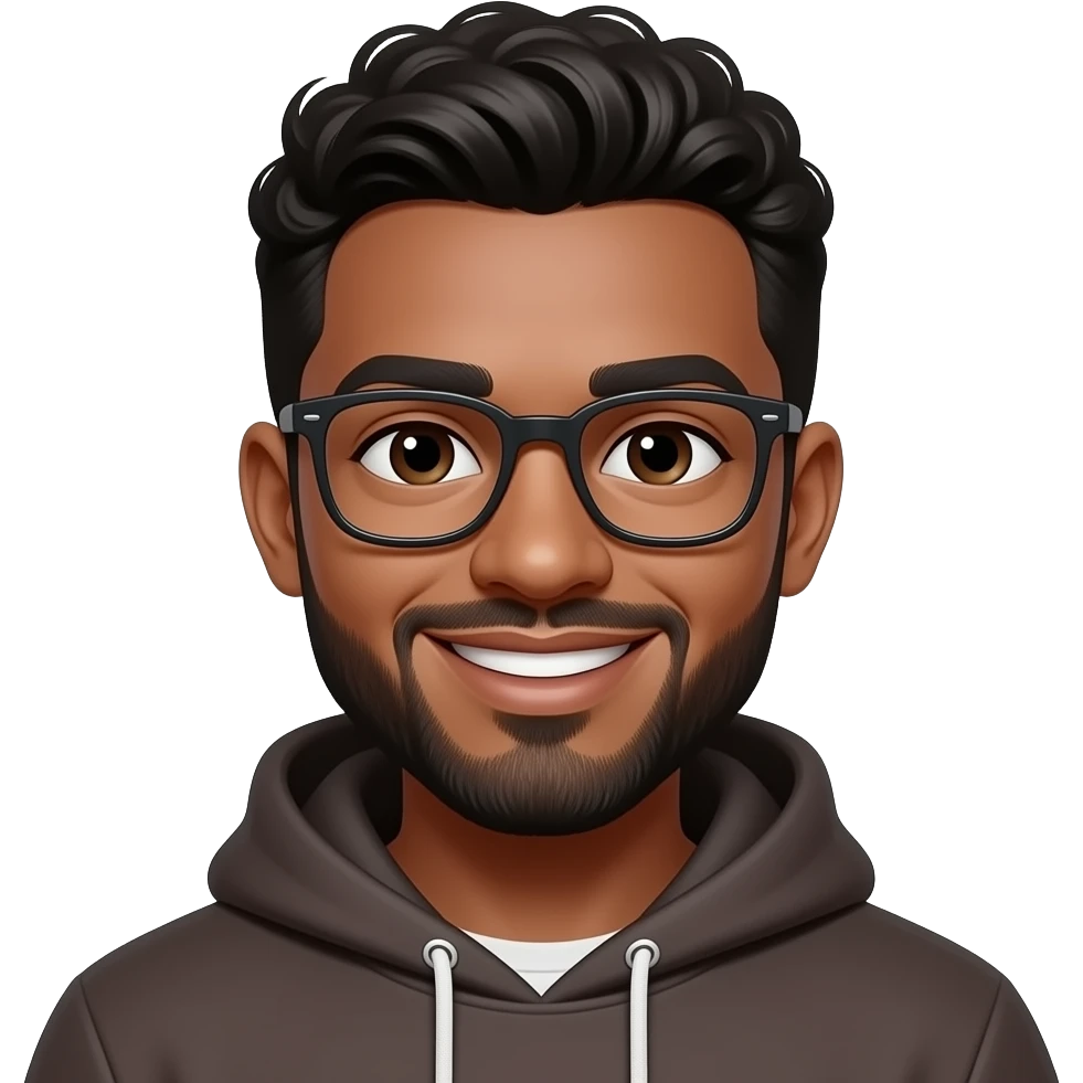 light skin black man in his 20s with short black hair and waves. dark brown eyes. beard. glasses. smiling. wearing a hoodie. emoji