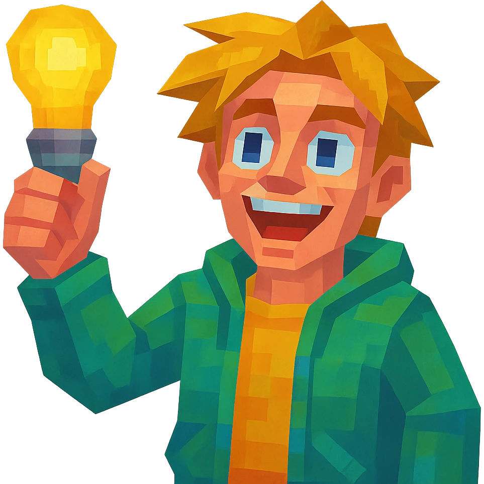 bright and expressive male visionary, fair skin, tousled golden hair, wide joyful eyes, wearing a green hoodie over a yellow tee, one hand raised with a glowing lightbulb, waist-up, front-facing emoji