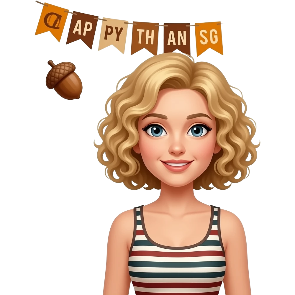 blonde tight curly hair in a short bob Happy Thanksgiving banner and acorns and bronwn and red leaves  around emoji