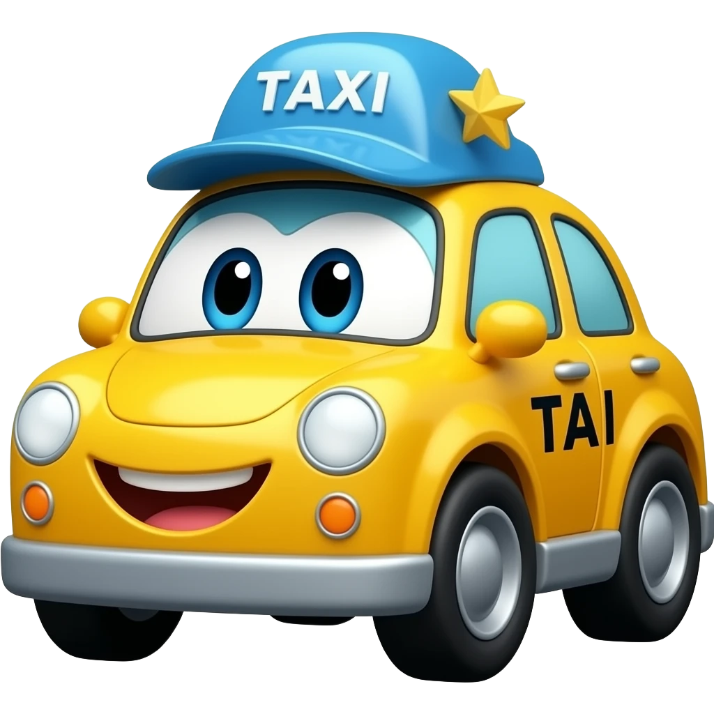 A cute taxi with a blue roof and a cute face emoji