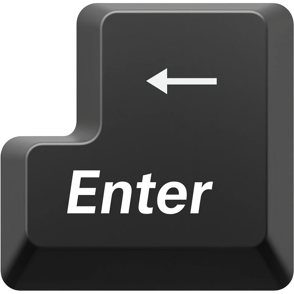 Glossy black L-shaped Enter keycap with a delicious candy-jelly texture. White "Enter" text and return arrow. 3D emoji style, white background. emoji