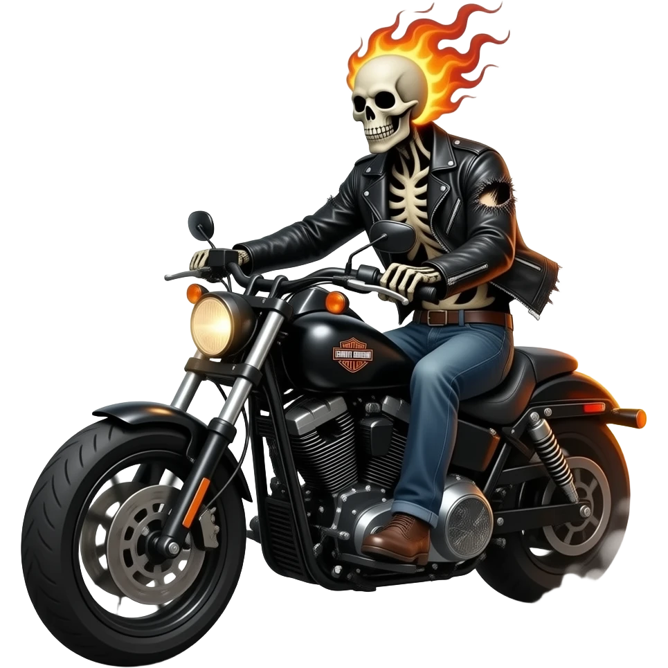 Skeleton on fire riding black Harley davidson on fire. Fantasy emoji