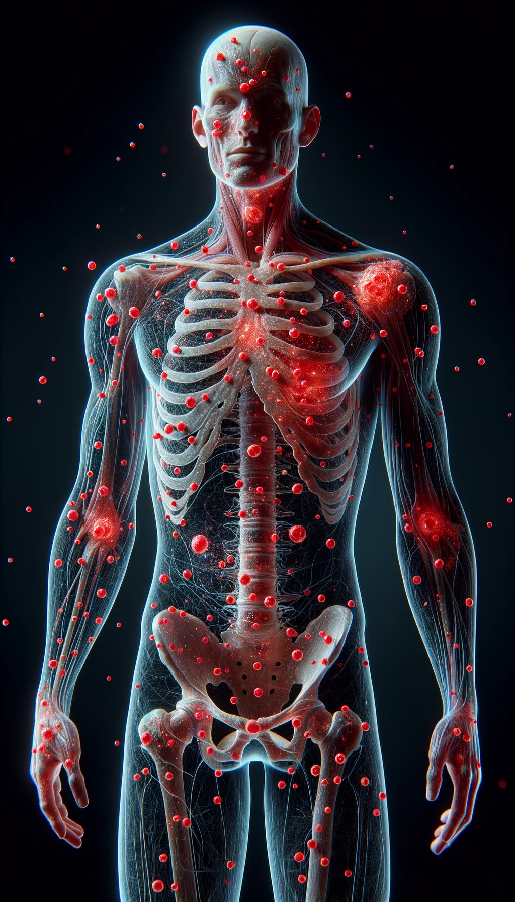 CORPO UMANO ANATOMICO CON RED SPOT DI INFIAMMAZIONE SPARSI SUL CORPO, iperrealistico 4k emoji