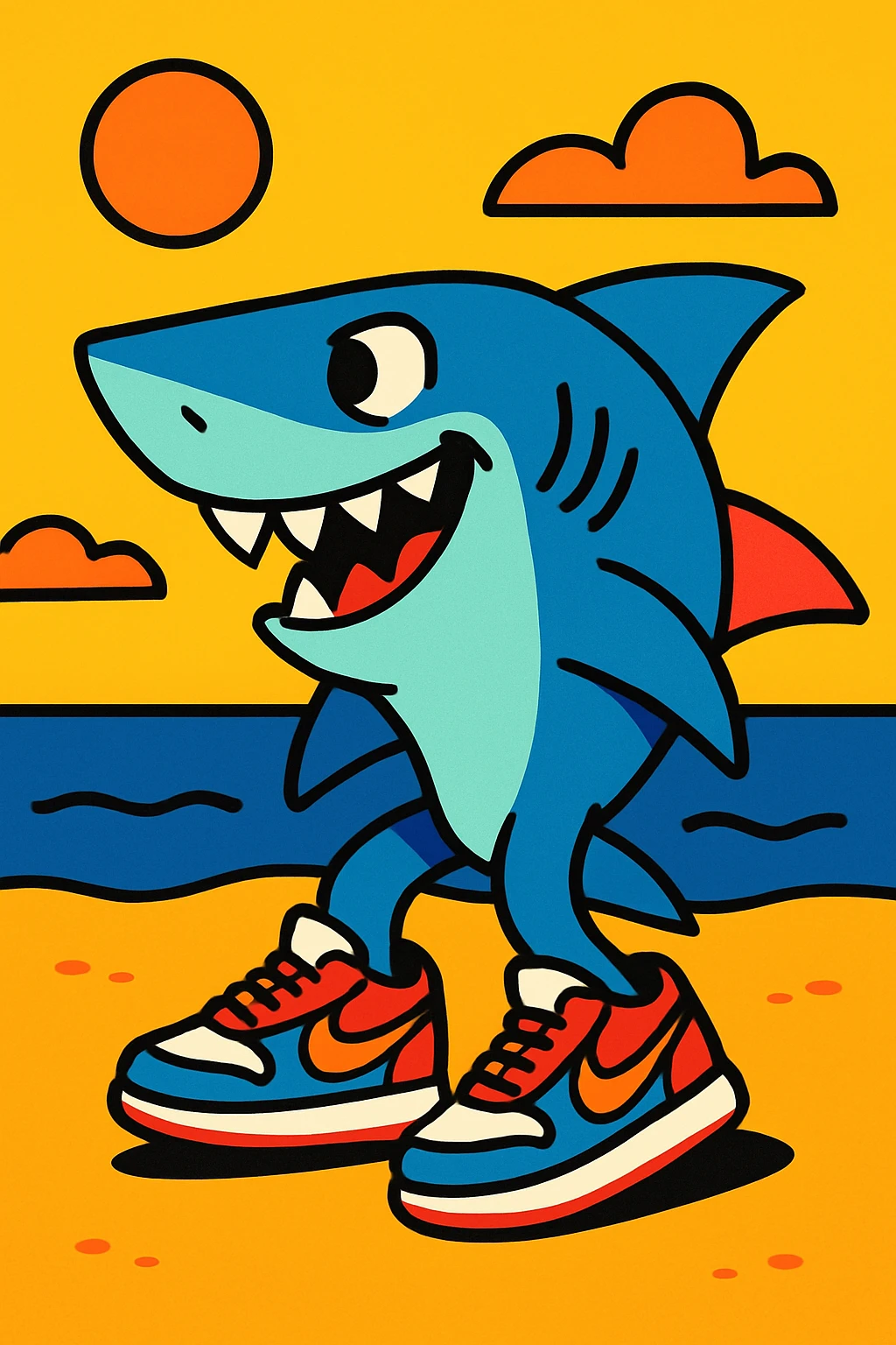 funny colorful shark wearing Nike sneakers on the beach emoji