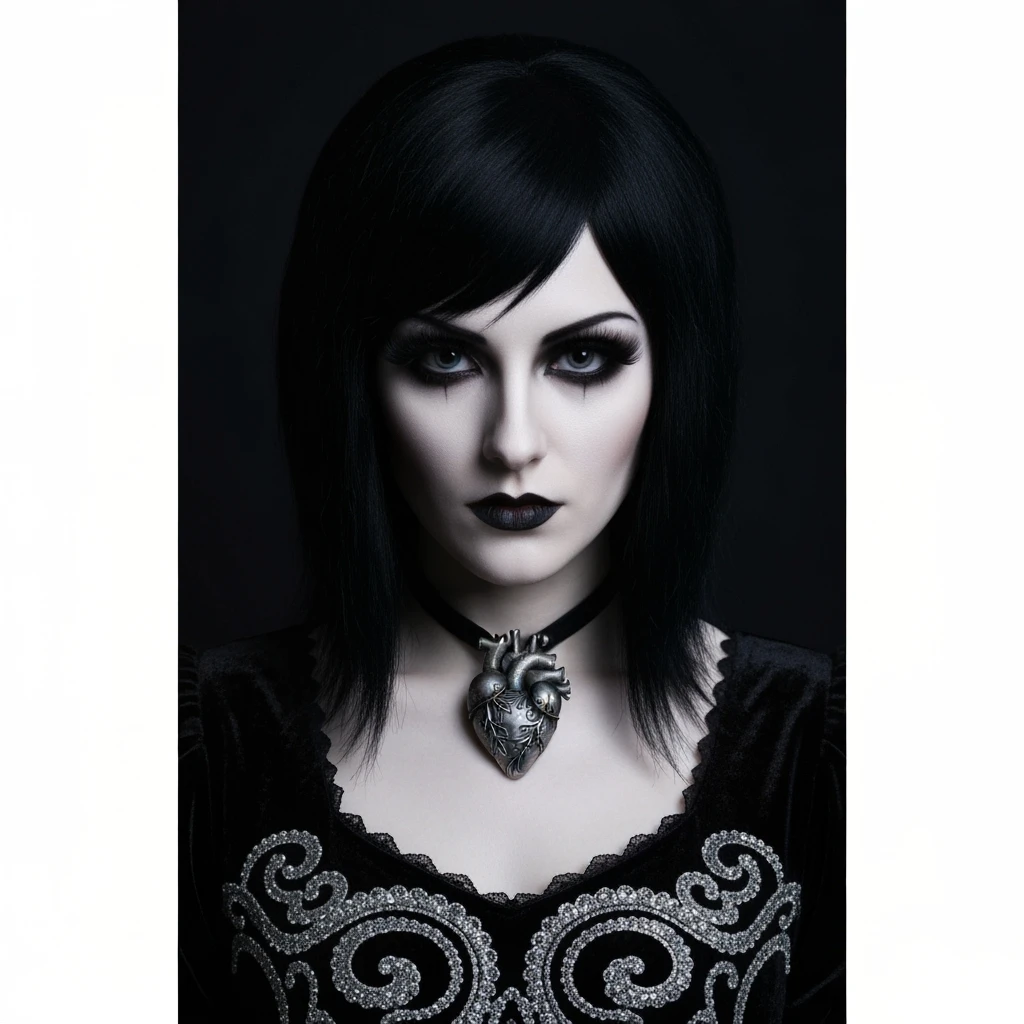 goth profile picture with a heart accent, cute, expressive, minimal, variation 2, larger heart emoji