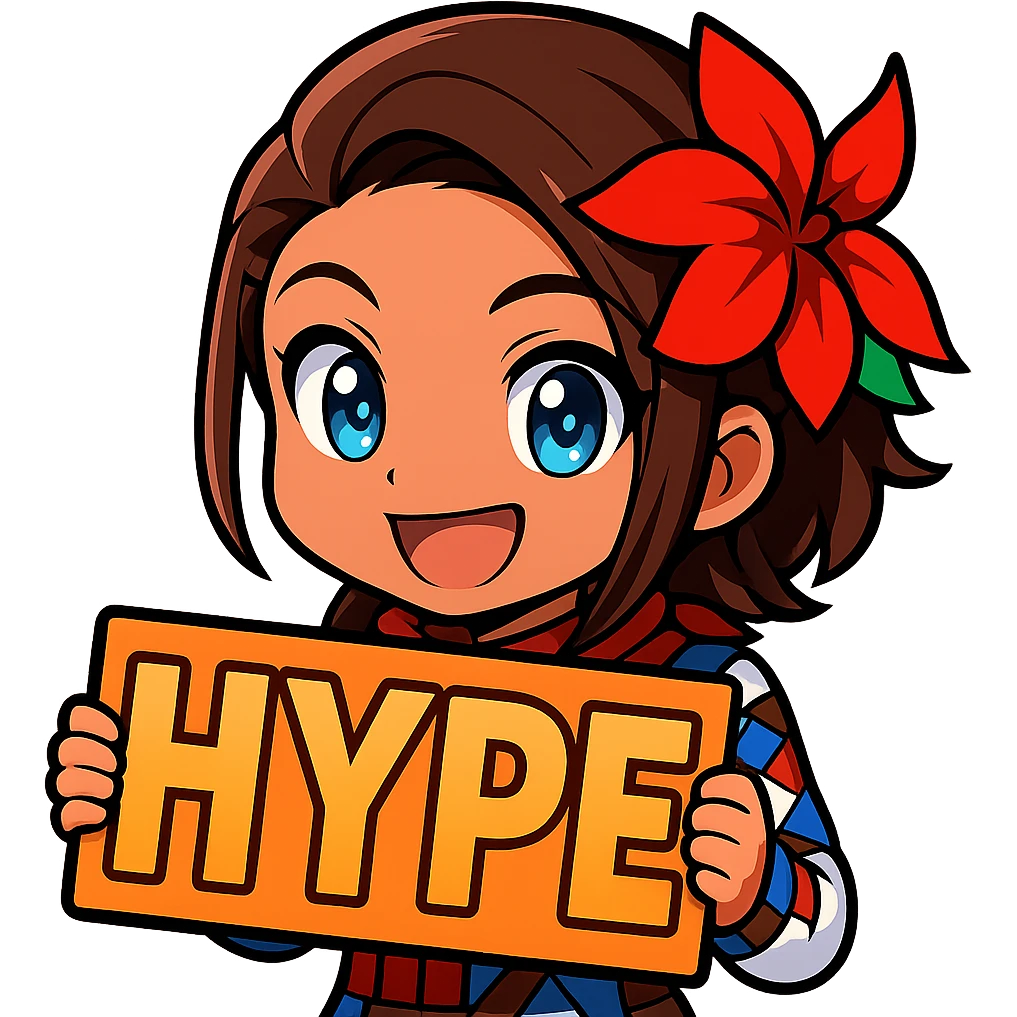 Azucena from Tekken 8 in chibi sticker style, holding a sign that says 'HYPE', excited expression, designed for Twitch emote use emoji