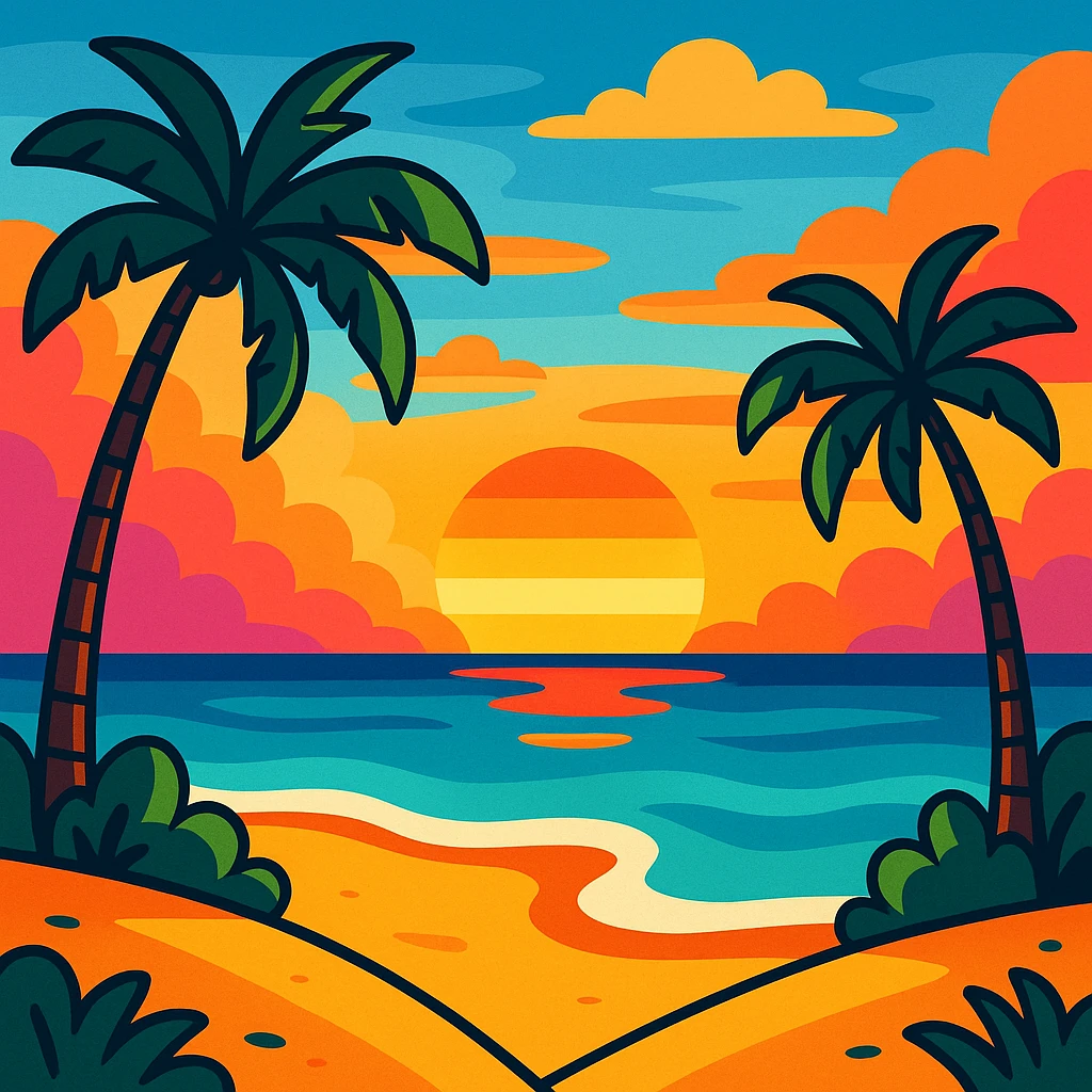 Summer landscape with a beach, palm trees, and a sunset, vibrant and colorful emoji