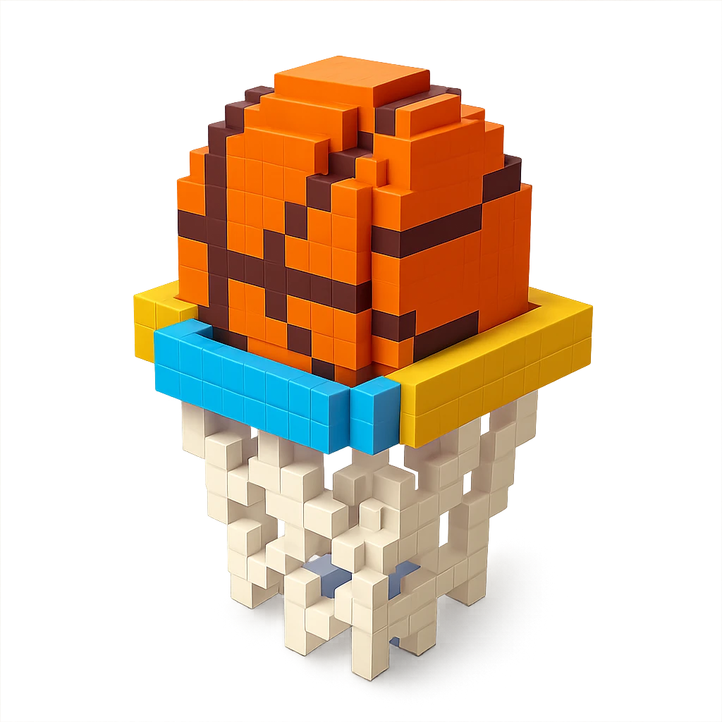 Voxel-style basketball in a net, no background, variation 7. emoji