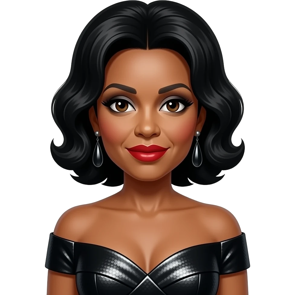 Patti LaBelle with dark brown eyes, black beehive hair, black eyeshadow, red lipstick, black metallic off shoulder dress, earrings emoji