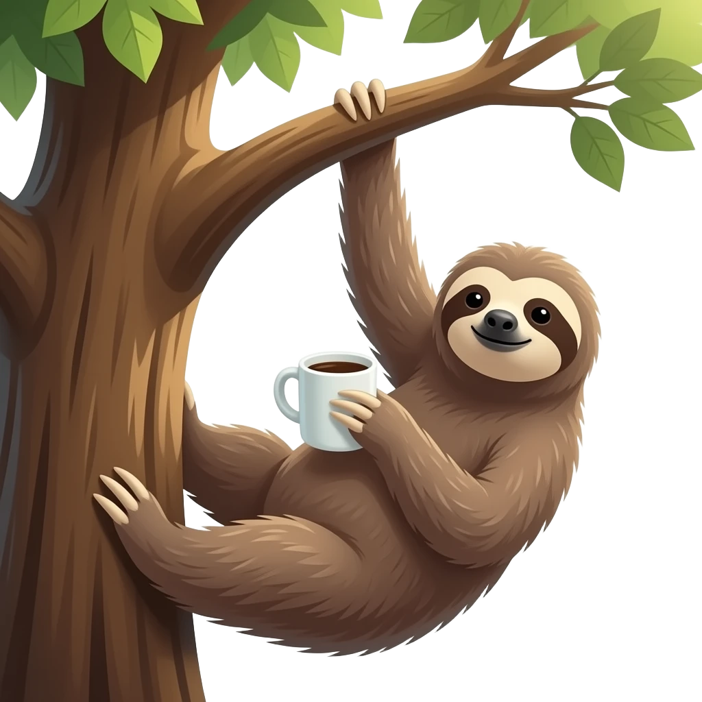 hanging sloth with long limbs big tree drink morning coffee emoji