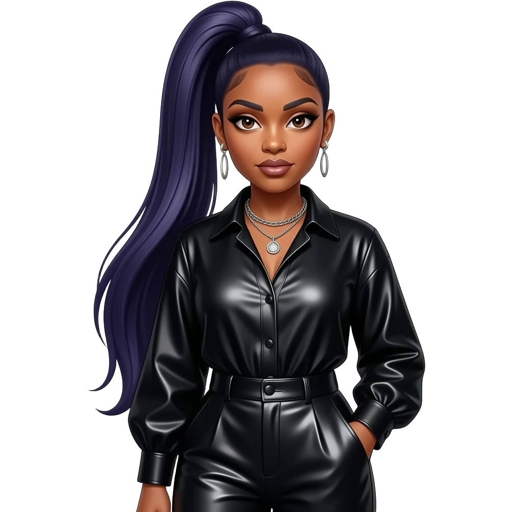 Missy Elliott with dark brown eyes, long dark indigo straight high ponytail hair, black metallic blouse, black metallic long baggy pants, necklace and earrings emoji