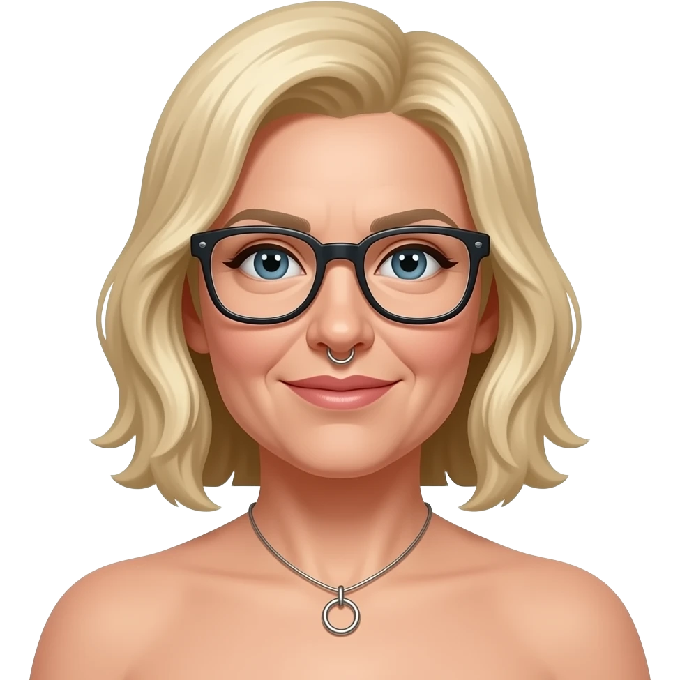 Frau 55, blond, brille , nackt, Brustwarzen und Bauchnabel piercing mit O-Ring emoji