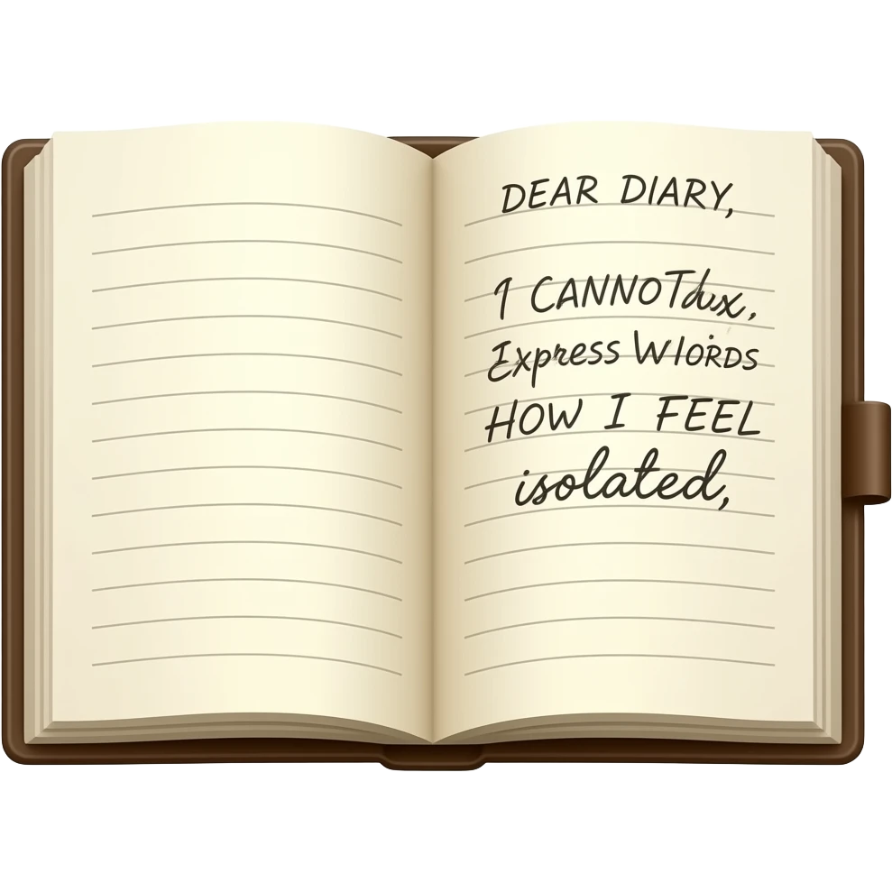 A diary with cursive writing in it: DEAR DIARY, I CANNOT EXRESS WITH WORDS HOW I FEEL emoji