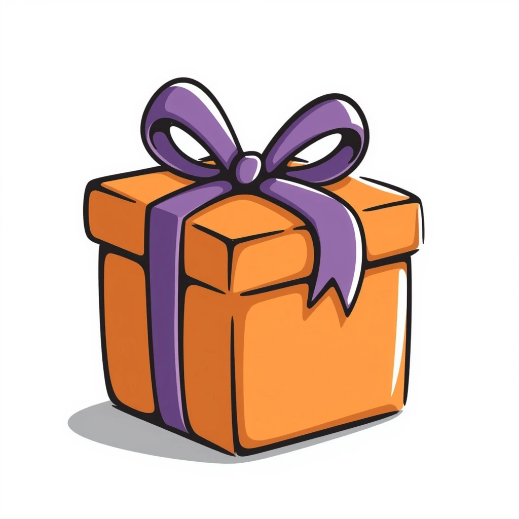 An orange gift box with a purple ribbon emoji