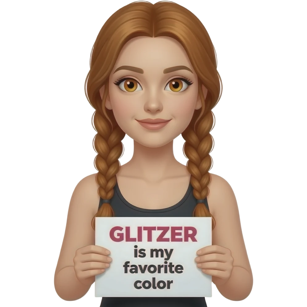 sexy girl with long ginger braids and ginger eyes wearing a black tanktop and is holding a white sign with GLITZER ist meine LIEBLINGSFARBE written on it emoji